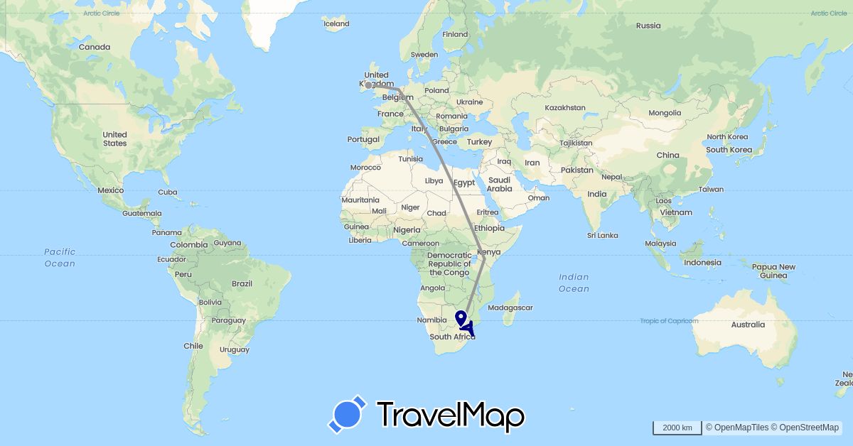 TravelMap itinerary: driving, plane in Ireland, Kenya, Netherlands, Swaziland, South Africa (Africa, Europe)